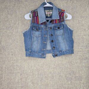 Hot Kiss Denim Vest With Aztec Embroidered Yoke Light Wash Button-Front Size S
